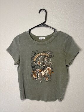 Stitch & Pine Oregon Rodeo Days Graphic Baby Tee Olive Green Floral Size Large